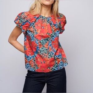 Ulla Johnson Red and Blue Geometric Floral Blouse